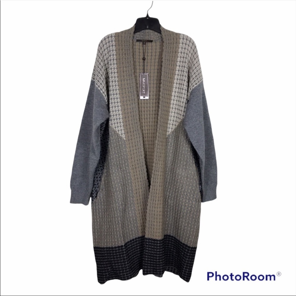 BCBG Maxsport Tan Gray Cream Long Open Cardigan